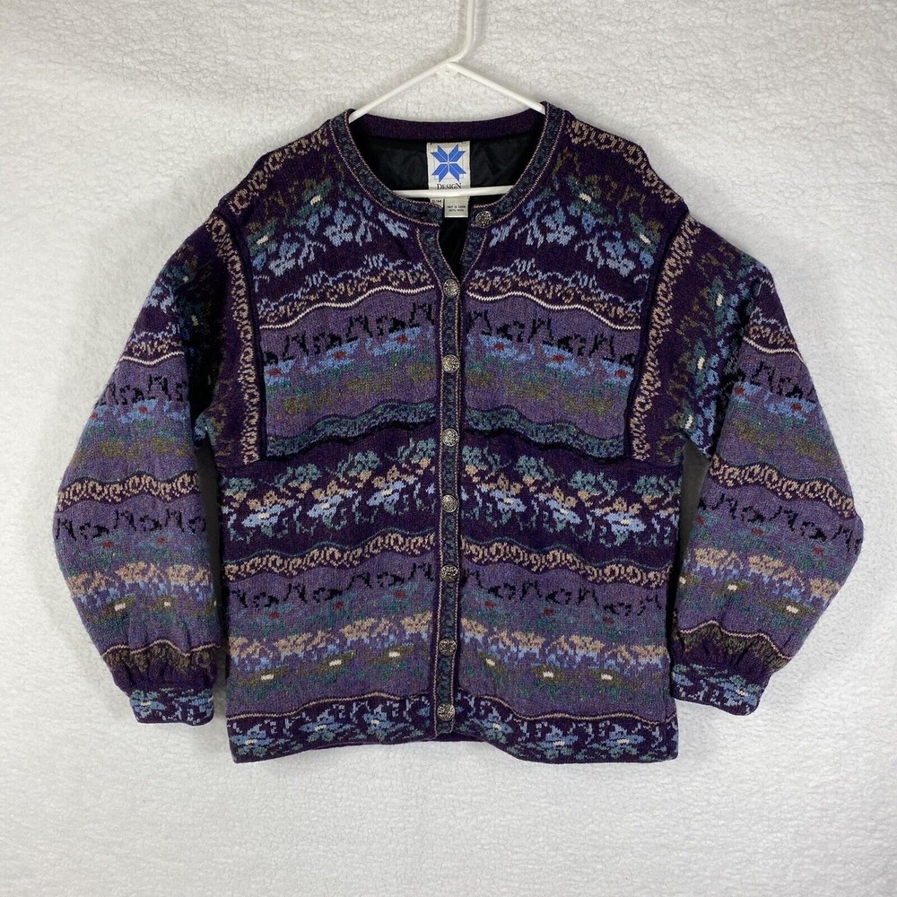 Vintage ICELANDIC DESIGN Purple Nordic Design Sweater Knit Cardigan Jacket S/M